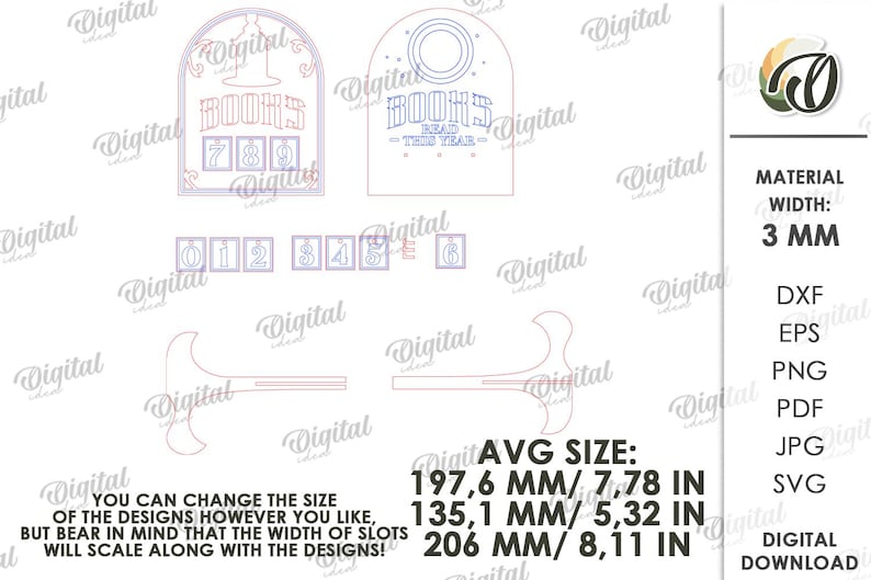 May include: Laser-cut wooden book-themed designs, including two arched signs with the words "BOOKS" and "READ THIS YEAR." Also includes numbers 0-9, and two bookends. Average size is 7.78 inches.