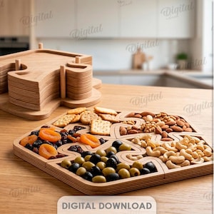 May include: Wooden serving tray with multiple compartments filled with snacks like olives, nuts, dried apricots, and crackers. The tray is accompanied by a matching wooden stand. The image also shows the text "DIGITAL DOWNLOAD".