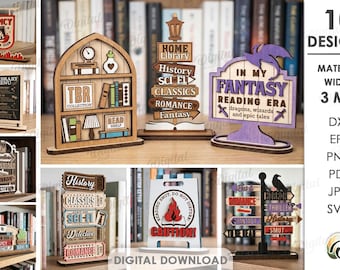 Conjunto de suportes decorativos 3D para estante de livros, arquivos de corte a laser para decoração de prateleiras de biblioteca, SVG de leitura, gênero literário, placa divertida para biblioteca, presente para amantes de livros