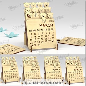 Könnte beinhalten: Holz-Schreibtischkalender für 2026 mit Bären-Motiv. Der Kalender zeigt den Monat März mit einem Bären-Design oben. Der Kalender ist aus hellbraunem Holz gefertigt und enthält die Wochentage.