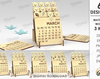 3D Layered calendars with stand 2026 bundle, calendar laser cut files, cute animals, wooden desk calendar, cat calendar svg, dog, bear