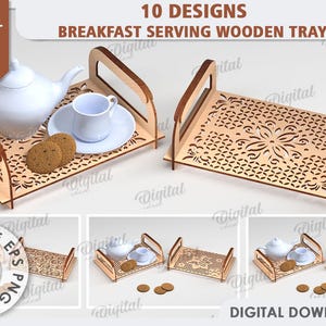 Bundel 3D-ontbijtdienbladen, koffieblad lasergesneden, houten traktatiebord met handvatten svg, decoratief bedtafel, ontbijt op bed