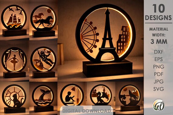 3D Led night lamps bundle, lightbox laser cut files, wooden led light stand, nature scene svg, silhouette lantern, luminary shelf sitter