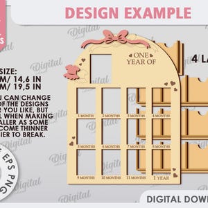 May include: A digital download design for a wooden baby's first year photo frame. The frame is made up of 12 individual photo slots, each labeled with a month of the year. The frame is 14.6 inches wide and 19.5 inches tall. The design is available in PDF, DXF, EPS, SVG, and JPG formats.