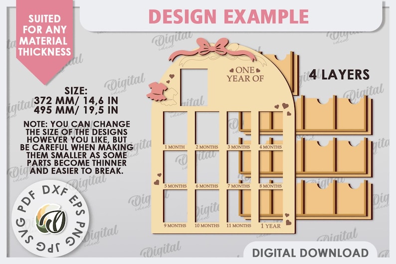 May include: A digital download design for a wooden baby's first year photo frame. The frame is made up of 12 individual photo slots, each labeled with a month of the year. The frame is 14.6 inches wide and 19.5 inches tall. The design is available in PDF, DXF, EPS, SVG, and JPG formats.