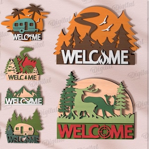 Set di cartelli da viaggio a strati 3D, cartello da campeggio tagliato al laser, decorazione da parete con scena naturale, foresta in formato svg, appendino per porta da vacanza, arte da parete in legno per camper