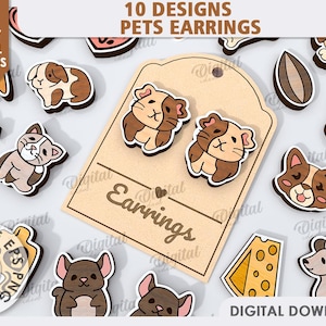 Pode incluir: Dez designs de brincos para animais de estimação, incluindo um gato, um cão, um hamster, um porquinho-da-índia e um chinchila. Os brincos são feitos para qualquer espessura de material. O texto "10 Designs Pets Earrings" e "Earrings" está na imagem.
