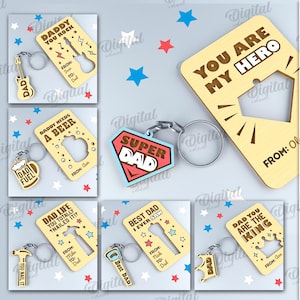 Pacote de chaveiros 3D para o dia dos pais, cartão pop-up de presente para o pai cortado a laser, cartão de nome personalizado, chaveiro para o dia dos pais, citações do pai svg