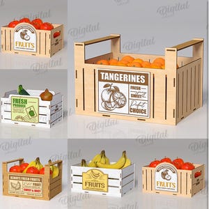 Può includere: Una collezione di casse di legno con vari frutti e verdure. Le casse sono etichettate con testi come "Frutta", "Verdura" e "Mandarini". L'immagine include anche il testo "10 Design", "Larghezza materiale: 3 mm" e "Download digitale".