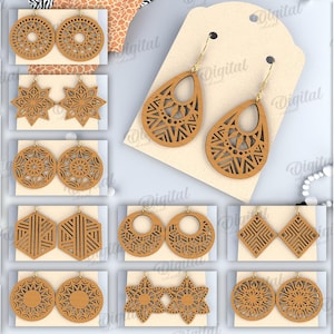 African Wooden Earrings bundle, wooden jewelry laser cut, African ornament dangle earring, wooden earrings, tear drop earrings template svg