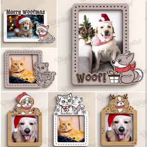 May include: A collection of Christmas-themed digital designs featuring dogs and cats in festive frames. The designs include the phrases "Meowy Christmas", "Merry Woofmas", and "Woof!" The image also includes the text "10 DESIGNS" and "DIGITAL DOWNLOAD".