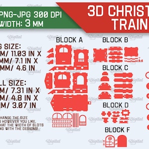 May include: A digital download of a 3D Christmas train model. The design is in red and includes six blocks labeled A through F. The design is available in two sizes: big (280.16 mm x 180.34 mm x 116.84 mm) and small (185.67 mm x 121.92 mm x 77.98 mm).