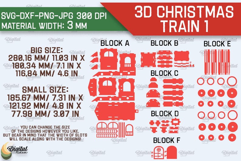 May include: A digital download of a 3D Christmas train model. The design is in red and includes six blocks labeled A through F. The design is available in two sizes: big (280.16 mm x 180.34 mm x 116.84 mm) and small (185.67 mm x 121.92 mm x 77.98 mm).
