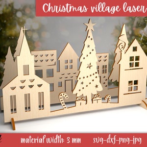 3D Xmas village stand, Christmas village scene svg, 3D stand laser cut, Xmas lasercut, Wooden Christmas light decor, Christmas tree svg