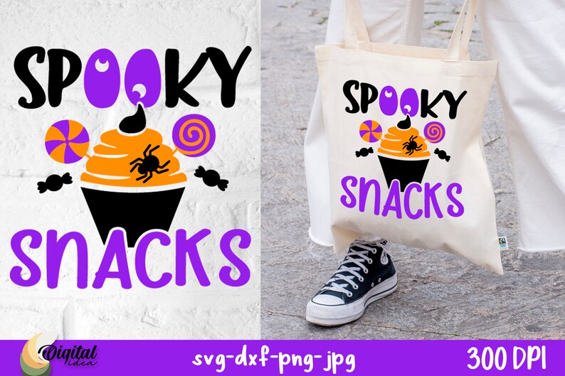 Op de afbeelding: Een paarse en oranje Halloween-tas met de tekst "Spooky Snacks" en een cupcake met een spin erop.