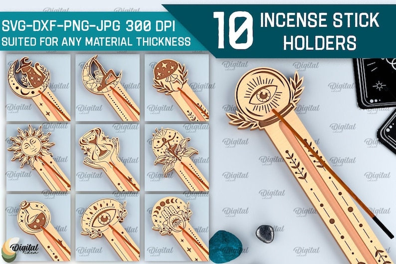 May include: Ten digital designs for incense stick holders. Each design features a different mystical or spiritual symbol, including a crescent moon, a sun, an hourglass, a hand with an eye, and a crystal ball. The designs are in a boho style with a light brown color scheme.