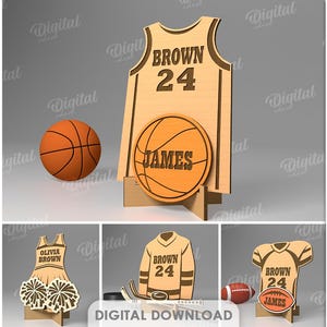 Lot de maillots de sport personnalisés découpés au laser, enseigne personnalisée 3D découpée au laser, enseigne de sport avec support, affichage svg baseball, svg football, basket-ball