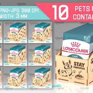 May include: A set of 10 wooden pet food containers with a paw print design. Each container holds 10 small bags of pet food. The bags are labeled "Loyaccanin Care" and "Stay Pawsitive".