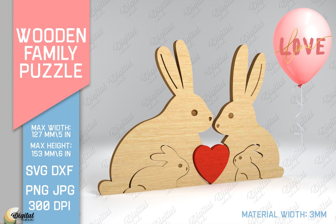 Rabbit Family Puzzle, 3D Laser Cut Puzzle SVG, Cute Bunny Family ...