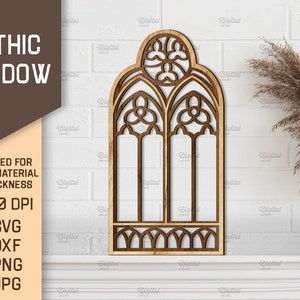 May include: A digital download of a gothic window design, perfect for creating a decorative wall hanging or other craft projects. The design features intricate details and a classic gothic style.