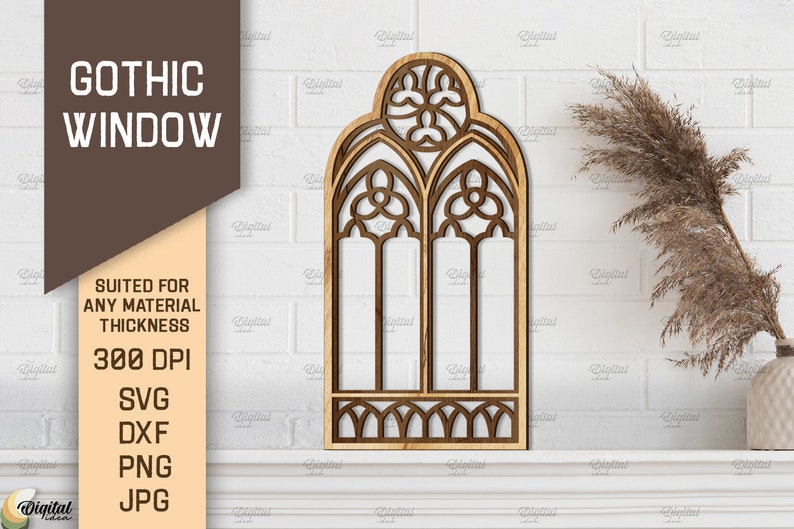 May include: A digital download of a gothic window design, perfect for creating a decorative wall hanging or other craft projects. The design features intricate details and a classic gothic style.