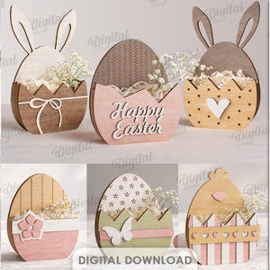 May include: A collection of ten Easter-themed wooden decorations in various designs, including bunnies, eggs, and chicks. The decorations are filled with white flowers. The text "Happy Easter" is visible on one of the eggs. The image also includes the text "10 DESIGNS" and "DIGITAL DOWNLOAD".