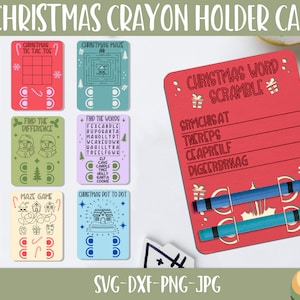 Paquete de soporte de crayones de Navidad SVG, manualidades de papel de Navidad, rompecabezas de Navidad, acertijos de Navidad, tarjeta de corte de papel para colorear, tarjeta de acertijo, niños de Navidad