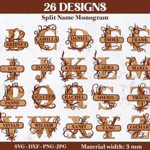3D Lasercut Monogram Split Letters svg, Monograma rústico alfabeto A a Z, Monograma de madera en capas, Diseños personalizados, fuente floral