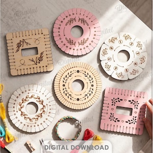 May include: A collection of ten wooden and pink craft looms for braiding and weaving, featuring circular and square shapes with numbered edges, floral engravings, and center holes. The set includes digital files labeled 10 DESIGNS, DXF, EPS, PNG, PDF, JPG, and SVG.