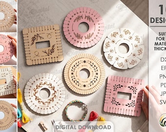 Kumihimo disks bundle, trollen wheel laser cut files, floral svg, friendship bracelet round and square braiding disk, embroidery jewelry