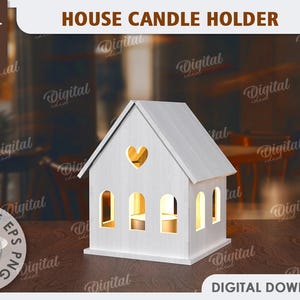May include: White wooden house-shaped candle holder with a heart cutout and three windows. The candle holder is 3 mm thick and is a digital download.