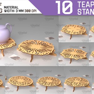 Puede incluir: Diez diseños diferentes para soportes de tetera cortados con láser. Los soportes están hechos de madera y tienen diseños intrincados. Los soportes tienen un grosor de 3 mm y 300 DPI.