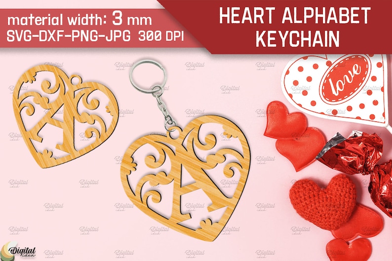May include: A wooden heart-shaped keychain with a decorative floral design and the letter A cut out. The keychain is 3 mm thick and comes in SVG, DXF, PNG, and JPG formats at 300 DPI.
