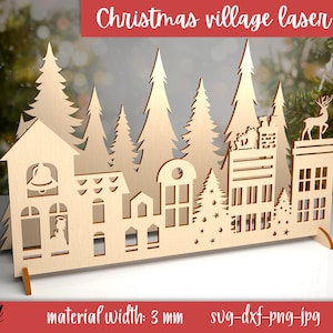 Escena del pueblo de Navidad svg, corte láser del stand del pueblo de Navidad 3D, archivo cortado con láser de Navidad, decoración de luz navideña de madera