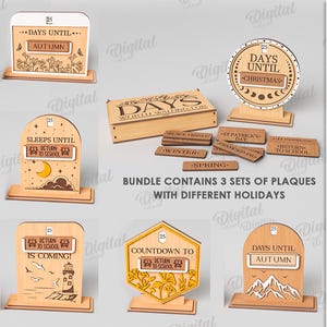 Pode incluir: Uma coleção de 10 placas de contagem regressiva de madeira com vários designs, incluindo "Dias até o outono" e "Dias até o Natal". O pacote inclui três conjuntos de placas para diferentes feriados. A largura do material é de 3 mm.