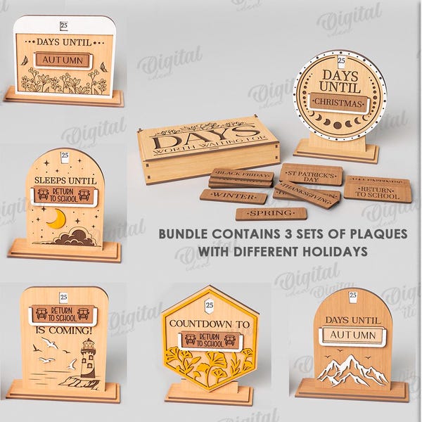 3D Interchangeable countdowns bundle, Days until calendar laser cut, wooden seasonal countdown, countdown stand, countdown with holidays