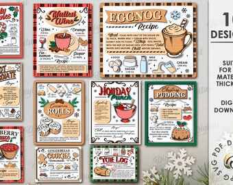 3D Christmas recipe signs bundle, kitchen sign laser cut, Xmas wall hanger, eggnog, gingerbread cookies svg, home decor, yule log