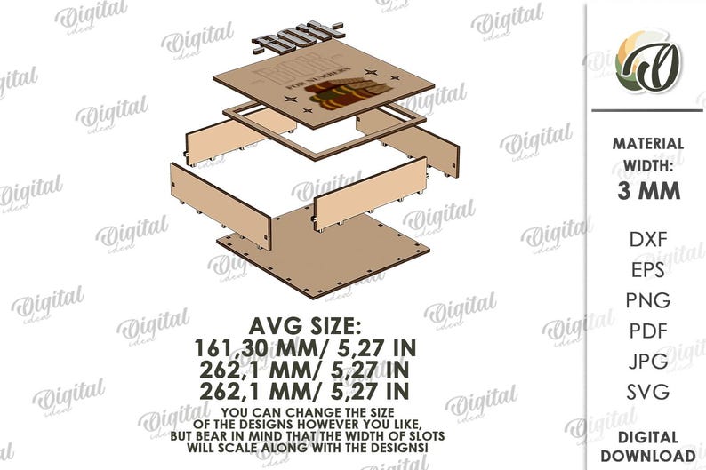 May include: An exploded view of a laser-cut wooden box design. The design includes a base, sides, and a top with text and a graphic. The average size is 5.27 inches. The material width is 3 mm. Digital download.