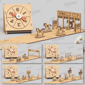 Puede incluir: Juego de madera con cinco diseños, incluyendo una carrera de caballos y una ruleta. El conjunto tiene un ancho de material de 3 mm y está disponible como descarga digital.