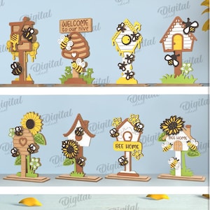 3D Bee stand decors bundle, layered honey bee shelf sitter laser cut, beehive sign, bee standing decor, bee quotes svg, welcome sign