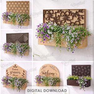 May include: A collection of ten wooden planter box designs, each with a unique decorative pattern. The boxes are filled with vibrant purple and white flowers. The image includes text that says "10 Designs" and "Digital Download".