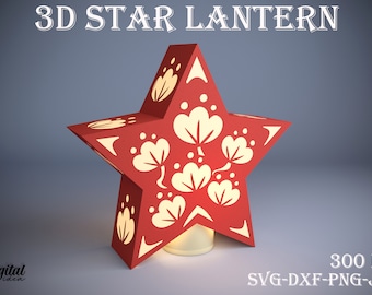 3D Sterlantaarn, Bloemenlamp, Papercut lantaarnsjabloon, Stervormige lamp SVG, 3D-papier gesneden, Nachtlamp, Boho, Home decor, lightbox SVG,