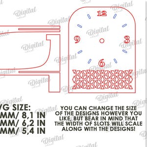 K&ouml;nnte beinhalten: Ein digitales Design f&uuml;r eine Uhr, mit einem Zifferblatt mit den Zahlen 12, 3, 6 und 9, und einer separaten Rahmenkomponente. Das Design enth&auml;lt den Text "AVG SIZE: 206,0 MM / 8,1 IN, 160,0 MM / 6,2 IN, 138,0 MM / 5,4 IN".