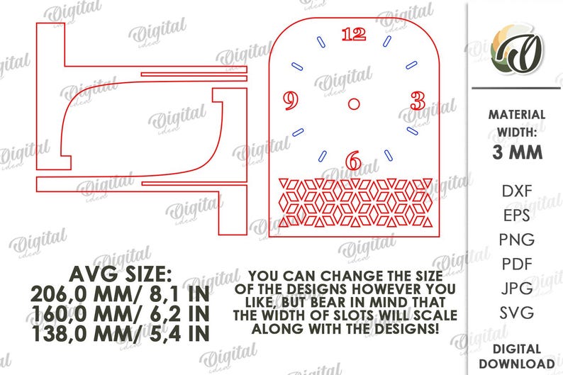 K&ouml;nnte beinhalten: Ein digitales Design f&uuml;r eine Uhr, mit einem Zifferblatt mit den Zahlen 12, 3, 6 und 9, und einer separaten Rahmenkomponente. Das Design enth&auml;lt den Text "AVG SIZE: 206,0 MM / 8,1 IN, 160,0 MM / 6,2 IN, 138,0 MM / 5,4 IN".
