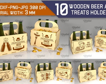 3D Wooden beer and treats holders bundle, beer and snack holder lasercut, father's day quotes svg, portable beer bottle and snack box svg