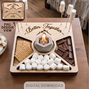 3D S'mores station tray, treats board laser cut files, better together svg, marshmallow, home campfire, smores organizer serving tray