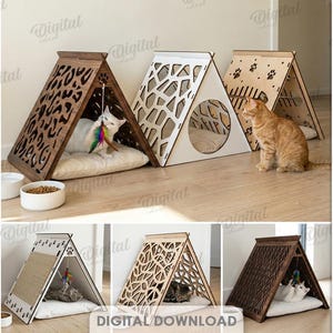 May include: A collection of ten wooden cat houses in various designs, including heart, paw print, and geometric patterns. Each house is an A-frame structure with a cutout design, and some have cats inside. The material width is 3 mm.