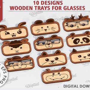 3D Wooden trays for glasses bundle, cute animal glasses holder laser cut, eyeglass dish, eyeglasses display with face, kids eyewear holder