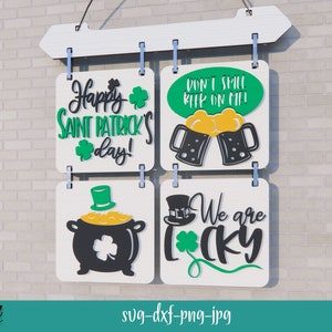 St. Patrick&#39;s Day Hanging Interchangeable Sign, Interchangeable Seasonal Sign lasercut SVG, 3D Interchangeable tiles, welcome sign SVG