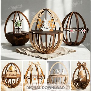 Lot de supports d'oeufs de Pâques 3D, fichiers découpés au laser oeuf debout, oeuf avec oreilles de lapin svg, décoration rustique en bois, gardien d'étagère, tendance
